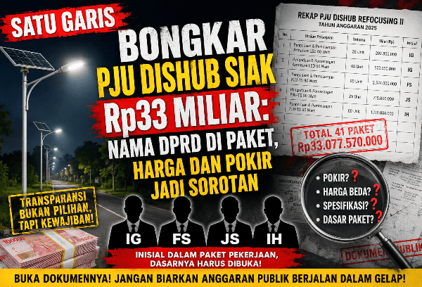 SATU GARIS Bongkar 41 Paket PJU Dishub Siak Rp33 Miliar, Nama DPRD dan Harga Satuan Dipertanyakan